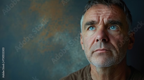 A portrait of a middleaged man with a somber expression showcasing the heavy weight of fatigue and lack of energy that can accompany a depressive state.