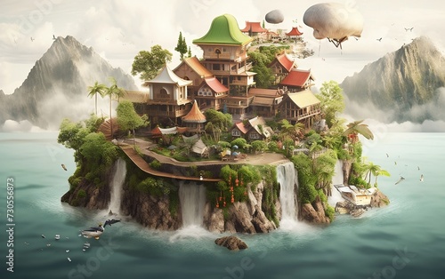 Floating Island With Waterfall and Houses