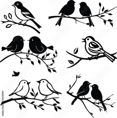 birds on branch silhouette vector illustration 