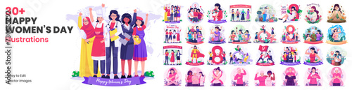 Huge Set Collection of International Women’s Day With Happy Multinational Diverse Women Celebrate Women's Day Set Illustration