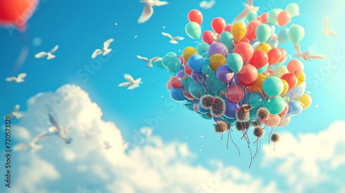 In this whimsical scene a group of hedgehogs have tied themselves together with balloons and are floating merrily in the sky much to the surprise of the birds flying by.
