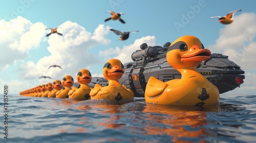 A comical sight of a spaceship being towed by a line of determined rubber ducks as they lift it up with their beaks and fly off into the distance in this silly Cartoon