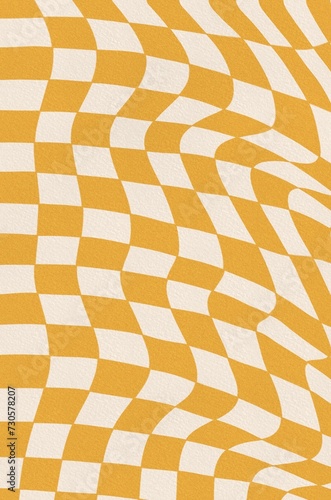 Checkerboard, chessboard groovy retro 70s style backgrounds. With twisted, distorted, and grain paper textures. Vintage wallpaper, template, poster, print, backdrop. Abstract and aesthetic.