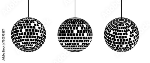 Black disco ball set. Collection of shining spheres in different angles. Turning music globes or planet bundle. Sparkling Mirror ball elements pack for poster, banner, music cover, party. Vector