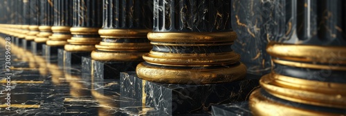 3D Rendering Black and Gold Corridor Pillars, Columns Outside the Supreme Court in Washington, D.C., Featuring Marble Accents