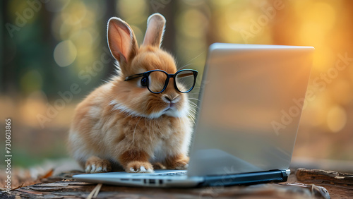 little rabbit wearing glasses in front of laptop.