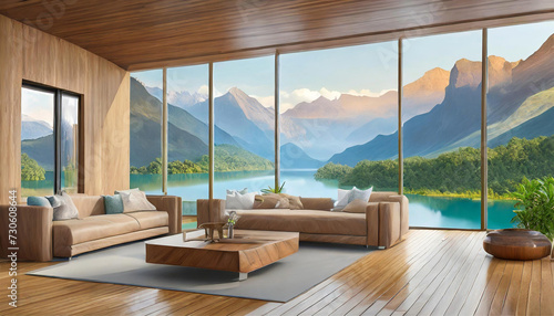 modern, living room ,windows, with, wooden floors ,overlooking ,the m,ountains with flowing lakes,
