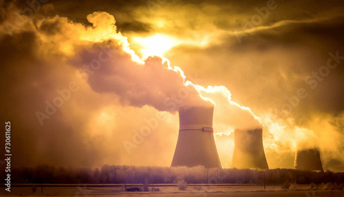 原子力発電所から煙が出ている
