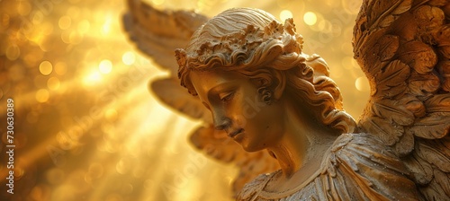 Golden angel statue with shiny light coming from heaven. Generative AI technology.