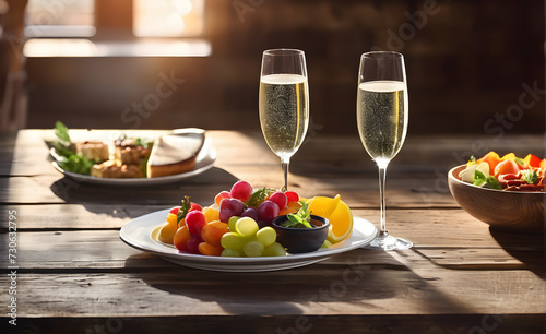 Two champagne glasses positioned to the right, half-full with golden bubbly liquid reflecting ambient light, an array of gourmet foods. Generative AI