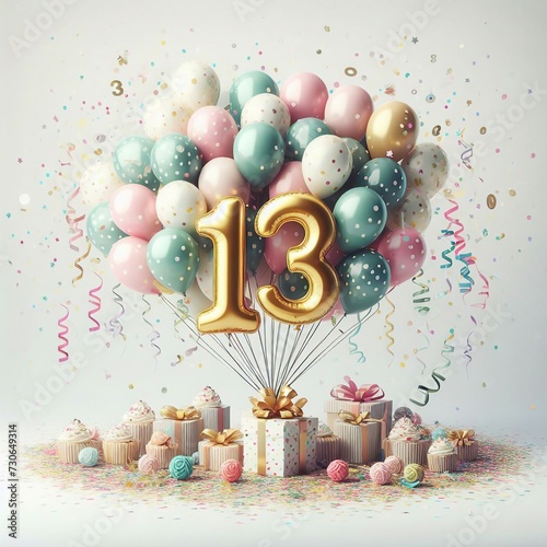 Vector Illustration of a Number 13th Birthday Balloon Celebration Cake, Adorned with Sparkling Confetti, Stars, Glitters, and Streamer Ribbons for a Festive Atmosphere
