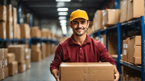 Delivery guy with parcel in the sorting warehouse holding a box from Generative AI