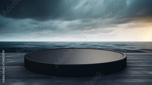 Blank round black podium stage on sea background. Mock up template for product presentation. copy space.