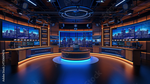 Financial news studio with empty broadcast 