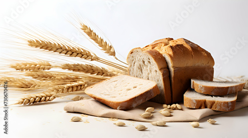 Homemade Wheat Bread and Grains, Homemade wheat bread and grains displayed on bright white background.