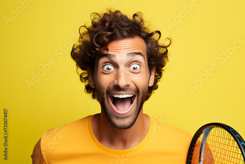 Male Tennis player holding tennis racket with winning expression 