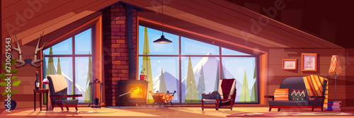 Winter cabin interior - cartoon hotel or rustic chalet cozy living room with fireplace, armchair and table with wine, mountain with snow and spruce trees landscape outside large panoramic window.