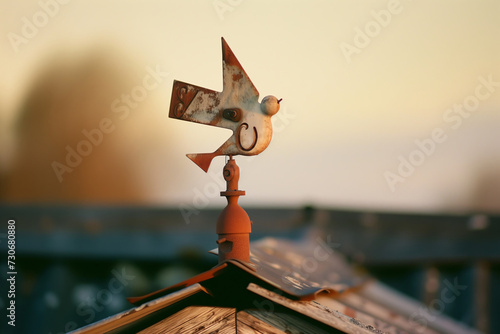 Rustic Charm of Weathered Wind Vane, Sunset's Golden Hue