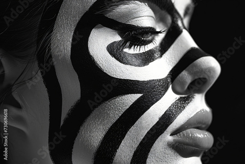 woman is painted with geometric stripes designs, in the style of bauhaus-inspired designs, intense and dramatic lighting, black and white, sculptural expression, distinctive noses, focus stacking 