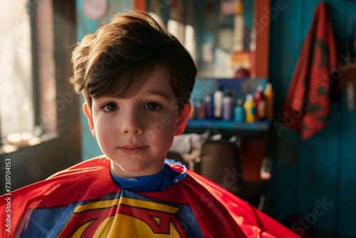 kid wearing a superhero cape for a haircut adventure