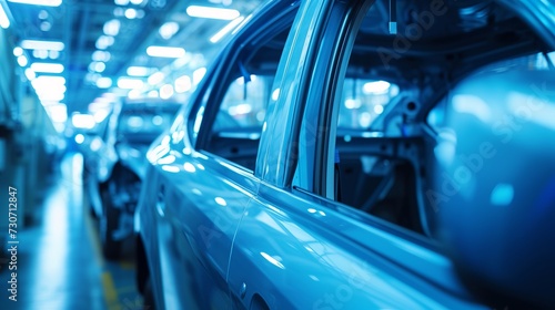 Car door on production line. Factory for production of cars in blue.