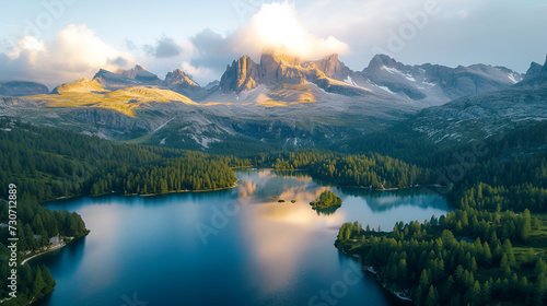 Aerial view of Lago Antorno, Dolomites, Lake mountain landscape with Alps peak , Misurina, Cortina d'Ampezzo, Italy, generative ai