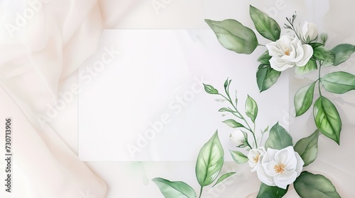 beautiful watercolor wedding invitation with greenery leaves and white flower, generative ai