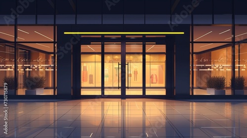 Glass entrance door. Shopping center mall entrance automatic doors with reflection and black frame. Store facade with storefront and exhibition lights.