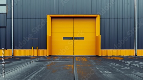 Opening yellow iron shutter door of garage and industrial building warehouse exterior facade with grey concrete road.