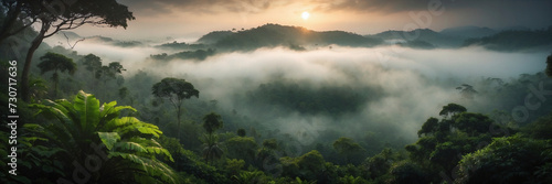 Enthralling haze cloaks the lively green jungle at sunset, crafting a celestial panorama that beckons exploration. Tourism campaigns, travel fans, naturalist publications. Misty landscapes series.