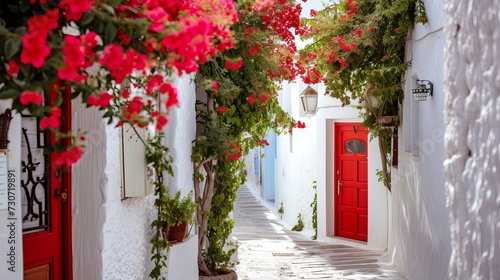 View of white street and flowers in Bodrum city of Turkey. Aegean style colorful street, wall, house and flowers in Santorini. White wall, red doors and flowers. 