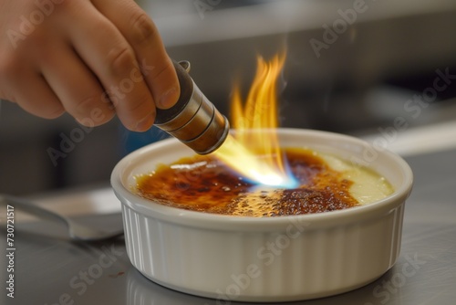 chef using a blowtorch to caramelize a crme brle