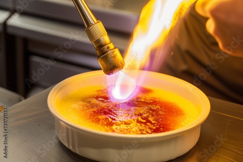 chef using a blowtorch to caramelize a crme brle