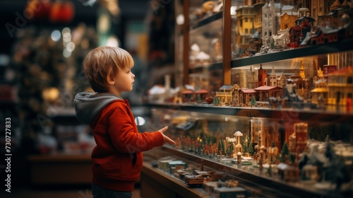 A young child in a red hoodie marvels at a magical display of miniature buildings in a toy store, creating an enchanting shopping scene.