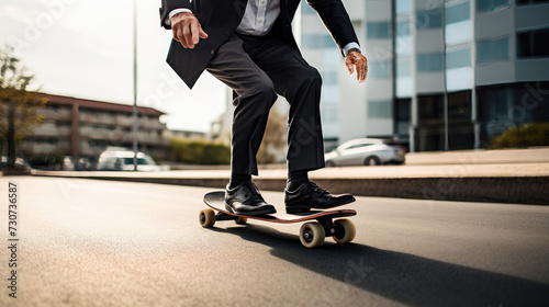 Businessman on skateboard in urban setting showcasing balance and skill