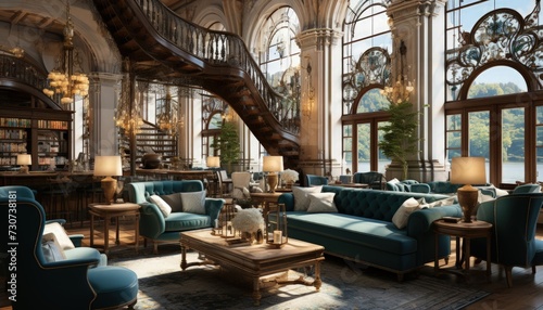 A grand hotel lobby with luxurious furnishings