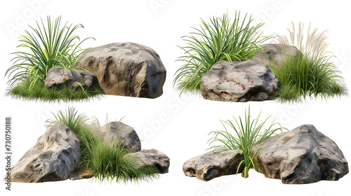 Isolate various rock and grass composition landscape on transparent backgrounds 3d render png