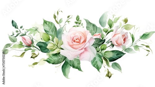 Watercolor floral illustration with roses, green leaves and branches isolated on white background. Hand painted flowers for invitation, wedding or greeting cards