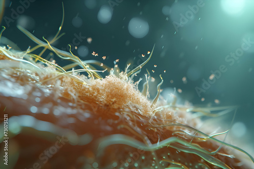 illustration of Microscopic view of dandruff on a hair strand, Detailed microscopic image showcasing a single hair strand with dandruff flakes attached to it. 