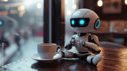 AI robot appreciates the taste of the amazing warm coffee