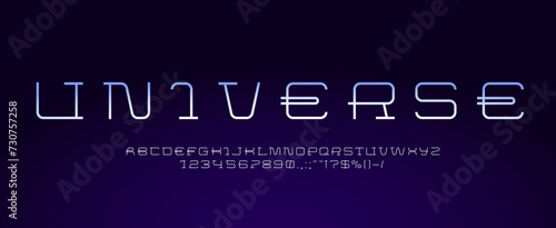 Modern digital font or cyber space type and tech English alphabet, vector creative electronic typeface. Futuristic galaxy font or modern cosmic typography with simple line typeset in space style