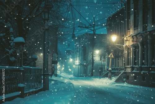 A snowy street illuminated by a street light. Perfect for winter-themed designs or holiday greetings