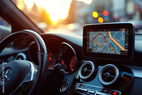 A picture of a car dashboard with a GPS device. Can be used to illustrate navigation, technology, or road trips