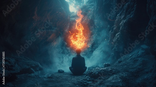 A person seated in a fire-lit cave. Generative Ai.
