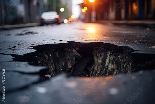 An asphalt road displays a long crack, revealing ground damage caused by natural disasters, depicting the aftermath of upheaval in the city.
