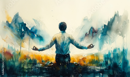 Artistic watercolor painting of a contemplative man meditating with outstretched arms, merging with a serene mountainous landscape, symbolizing peace, balance, and oneness with nature