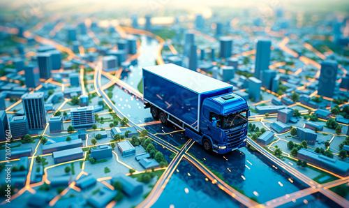 Conceptual representation of logistics and delivery services with a blue delivery truck on a stylized city map highlighting route optimization and urban distribution