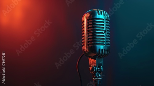 Close-Up vintage microphone in the dark background. Copy space for add text.