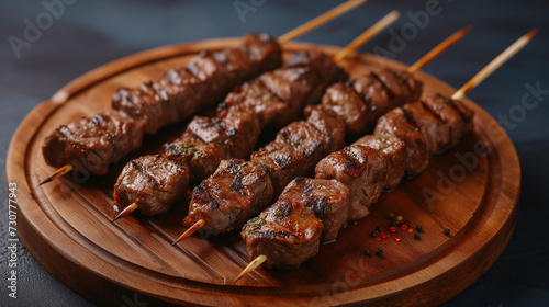 Delicious beef skewers, grilled, wood plate or tray. Isolated white background, Brazilian traditional "espetinhos de carne", bbq food