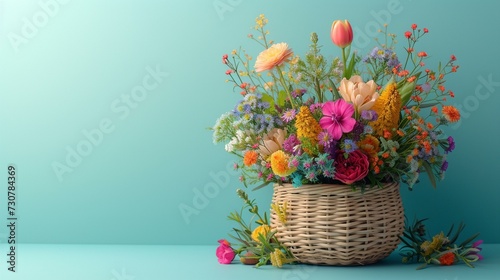 Cheerful Easter basket brimming with colorful flowers and foliage against a bright pastel backdrop, [Easter banner Easter basket pastel background for designer work
